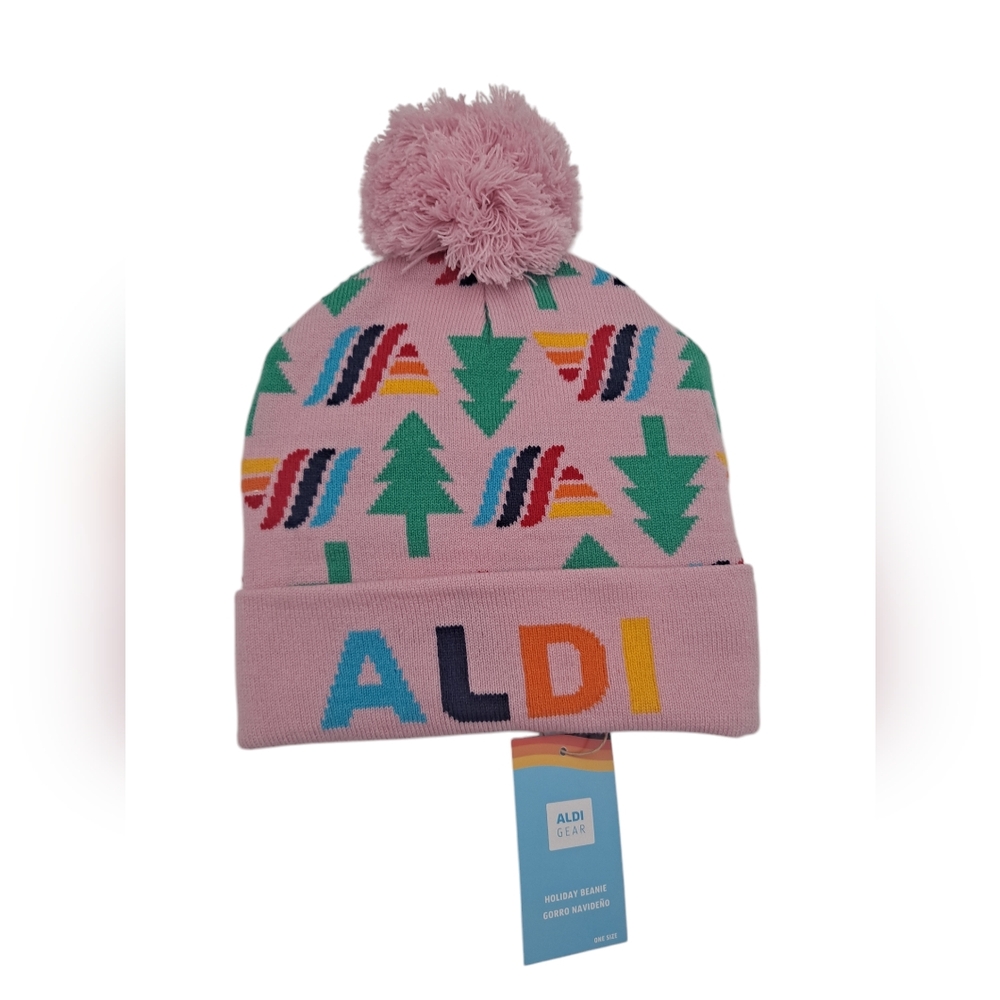 ALDI GEAR Holiday Pom Pom Beanie Pink Hat Gorro Navideno Adult One Size NWT